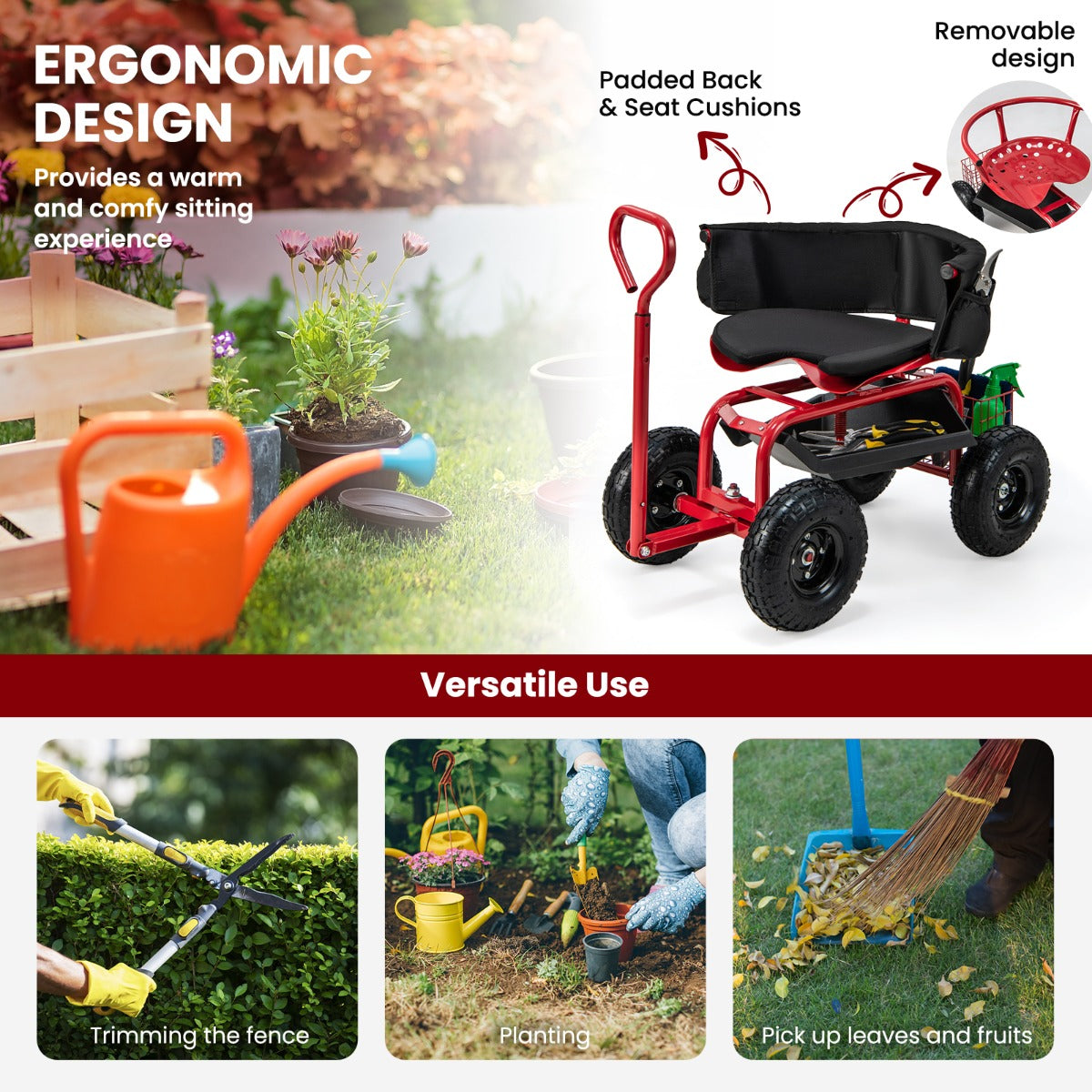 Rolling Garden Cart Scooter with Tray Storage Basket Tool Pouch Seat Cushion-Red