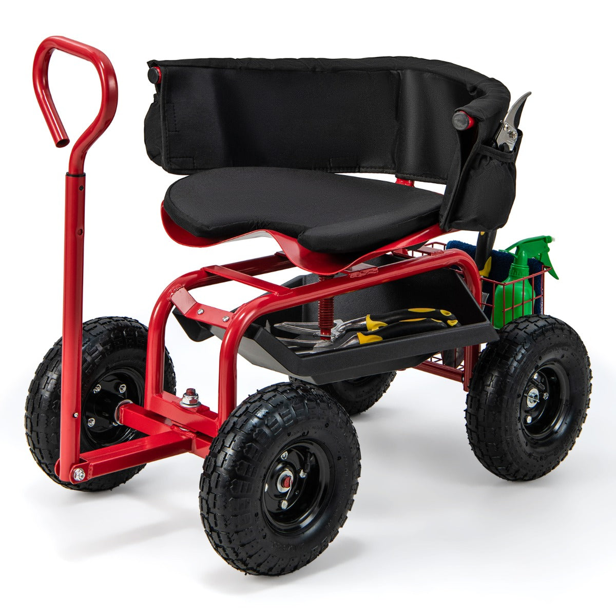 Rolling Garden Cart Scooter with Tray Storage Basket Tool Pouch Seat Cushion-Red