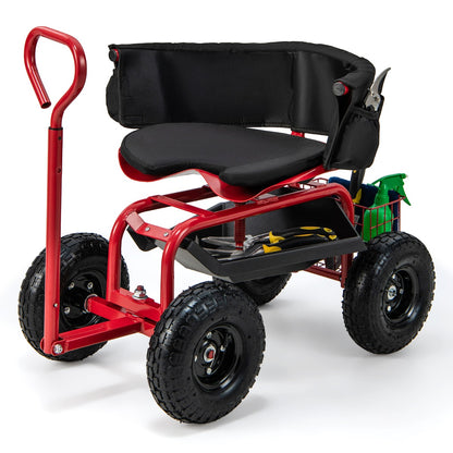 Rolling Garden Cart Scooter with Tray Storage Basket Tool Pouch Seat Cushion-Red