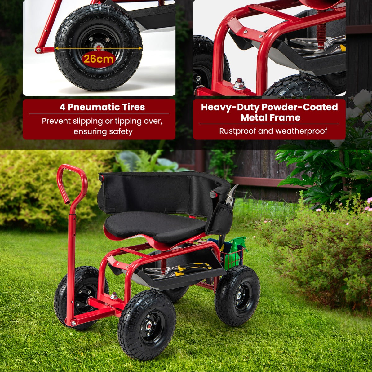 Rolling Garden Cart Scooter with Tray Storage Basket Tool Pouch Seat Cushion-Red