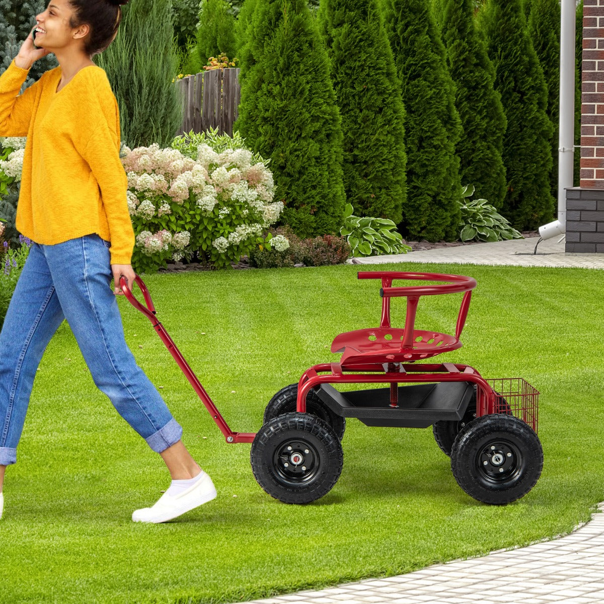Rolling Garden Cart Scooter with Tray Storage Basket Tool Pouch Seat Cushion-Red