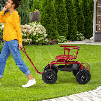Rolling Garden Cart Scooter with Tray Storage Basket Tool Pouch Seat Cushion-Red