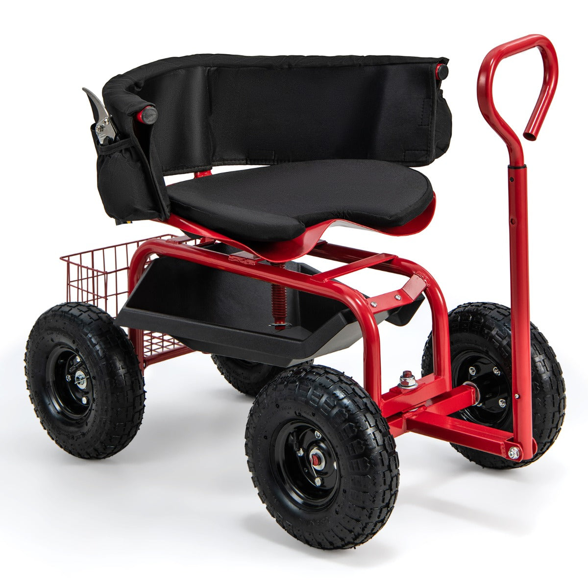 Rolling Garden Cart Scooter with Tray Storage Basket Tool Pouch Seat Cushion-Red