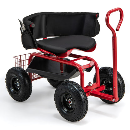 Rolling Garden Cart Scooter with Tray Storage Basket Tool Pouch Seat Cushion-Red