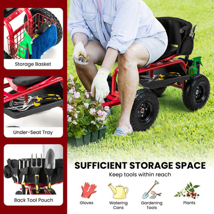 Rolling Garden Cart Scooter with Tray Storage Basket Tool Pouch Seat Cushion-Red