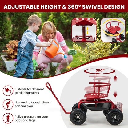 Rolling Garden Cart Scooter with Tray Storage Basket Tool Pouch Seat Cushion-Red
