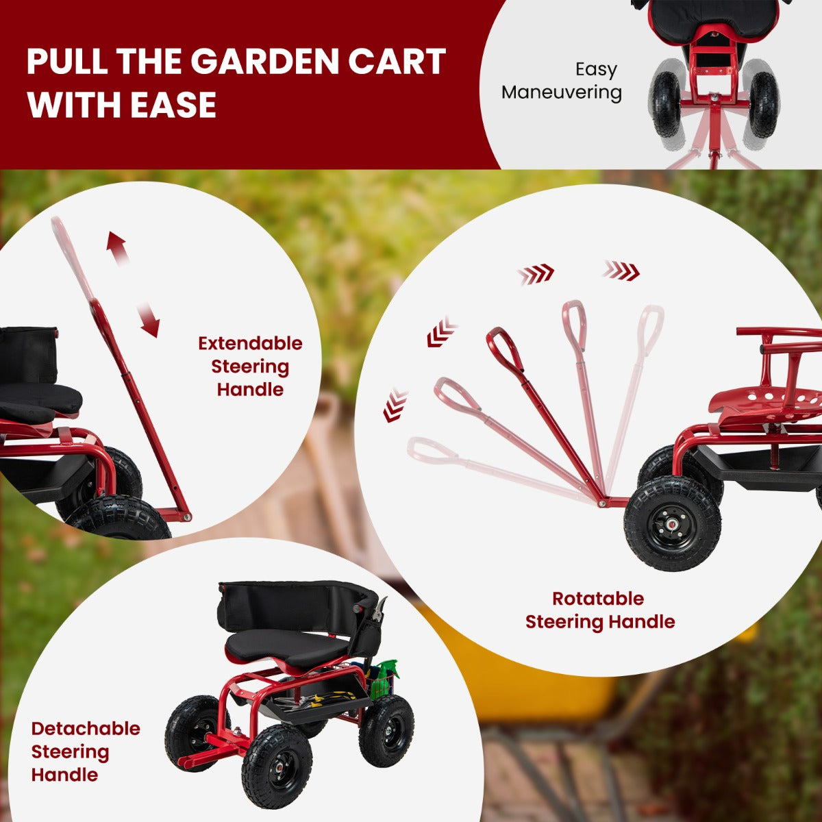 Rolling Garden Cart Scooter with Tray Storage Basket Tool Pouch Seat Cushion-Red