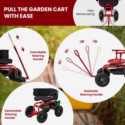 Rolling Garden Cart Scooter with Tray Storage Basket Tool Pouch Seat Cushion-Red