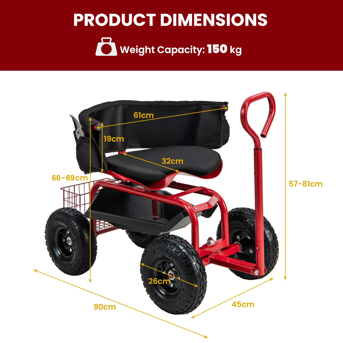 Rolling Garden Cart Scooter with Tray Storage Basket Tool Pouch Seat Cushion-Red