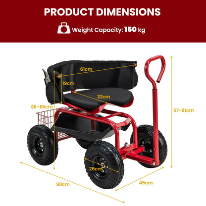 Rolling Garden Cart Scooter with Tray Storage Basket Tool Pouch Seat Cushion-Red