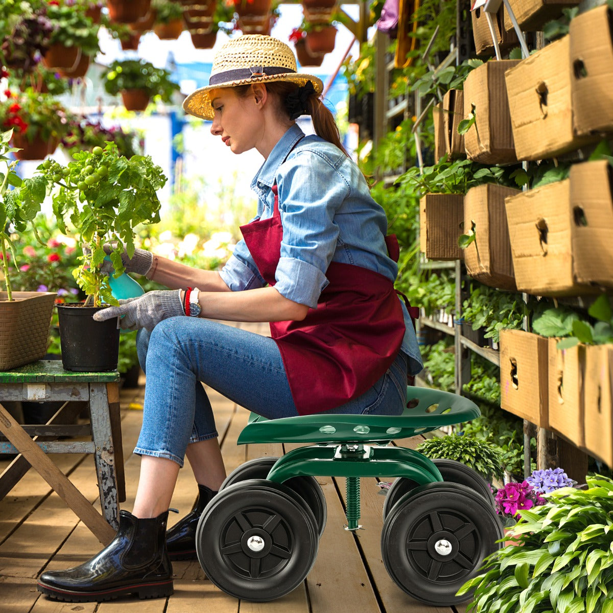 Garden Cart with Height Adjustable and Swivel Seat-Green