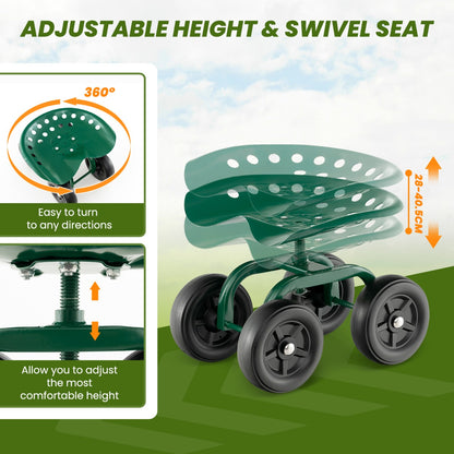 Garden Cart with Height Adjustable and Swivel Seat-Green