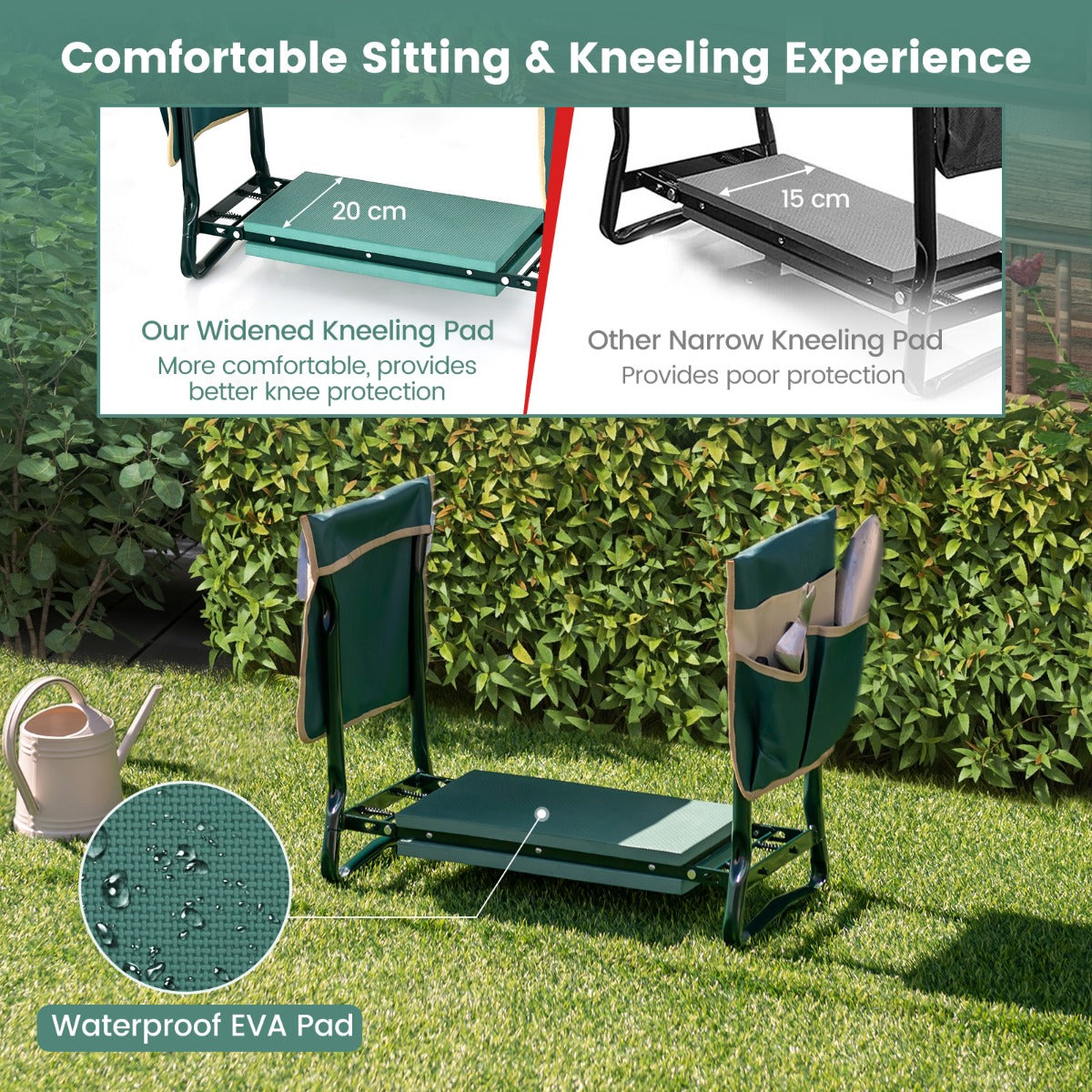 Portable garden kneeler includes two tool pouches with eight compartments for organized storage