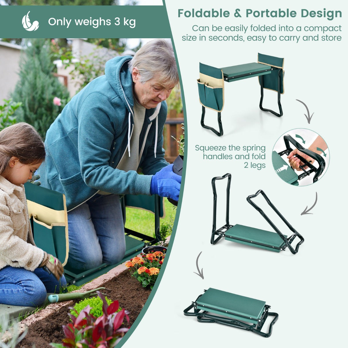 Compact folding garden bench weighs only 3kg for easy carrying, storage, camping, or fishing