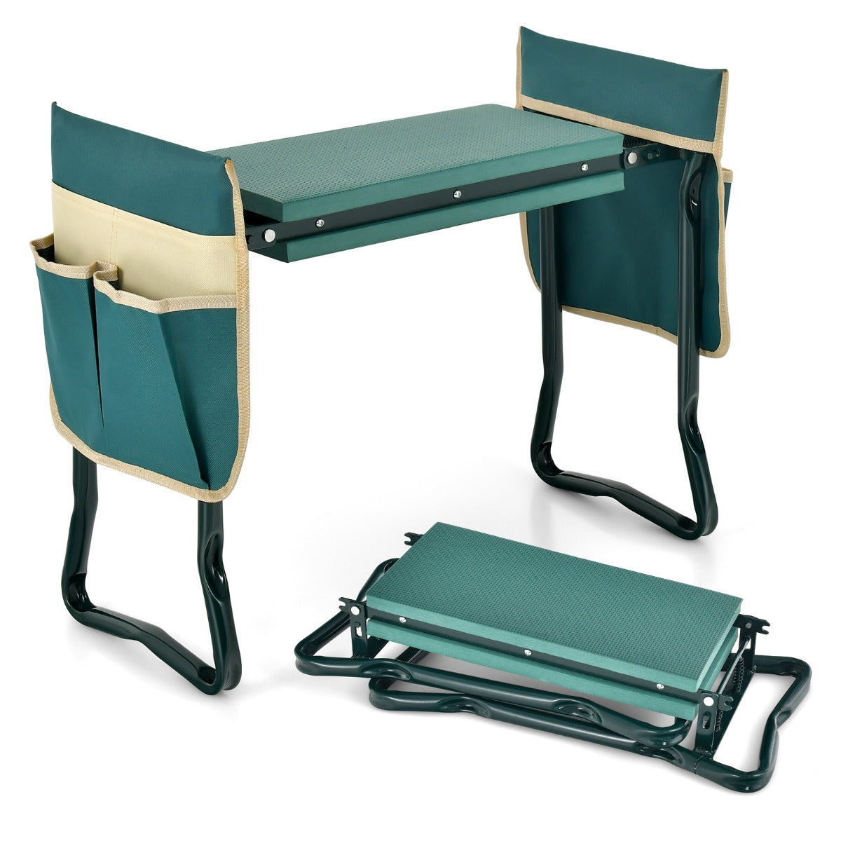 Green and black 2-in-1 garden kneeler and seat with two large detachable tool pouches