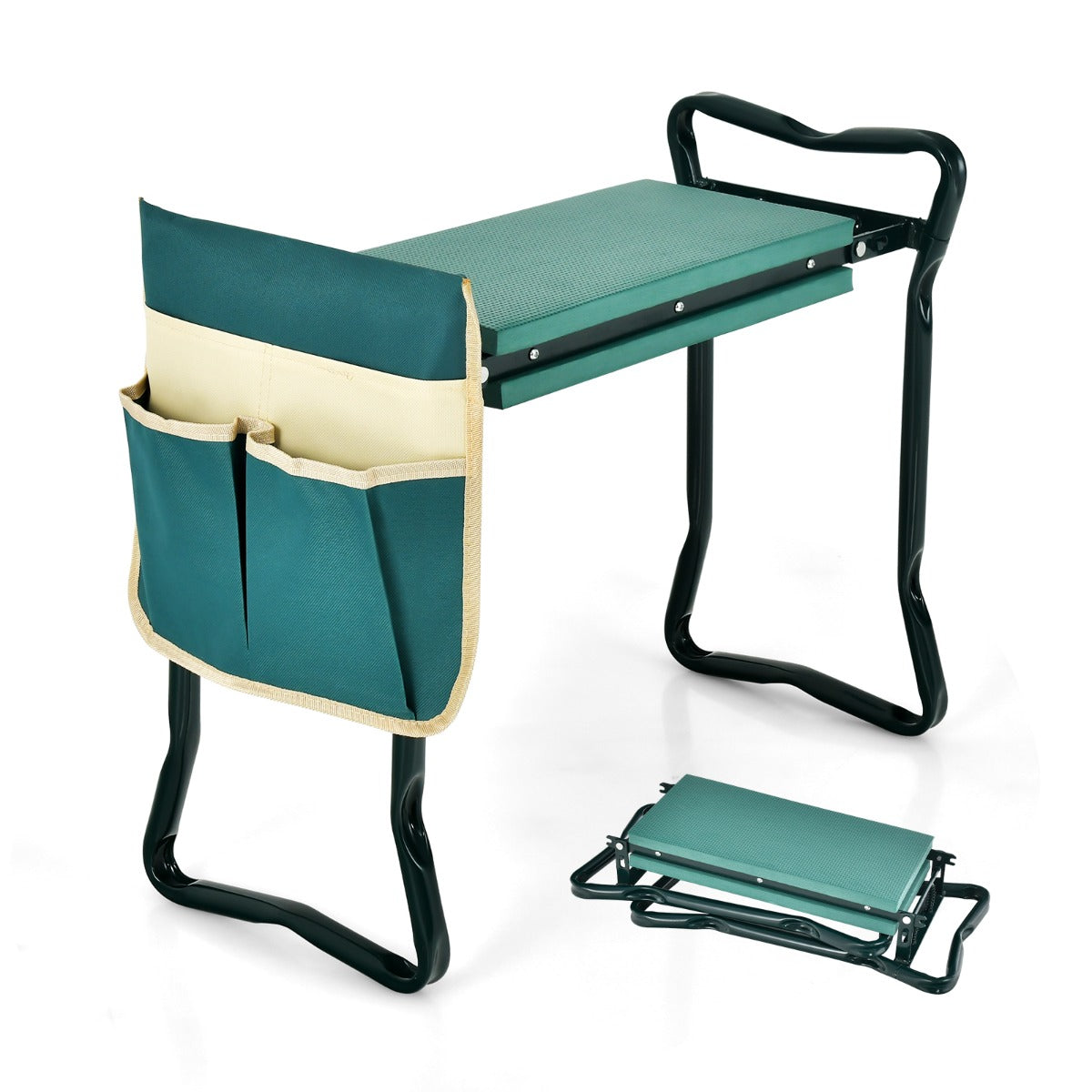 Green and black foldable garden kneeler seat protecting knees and back during outdoor work