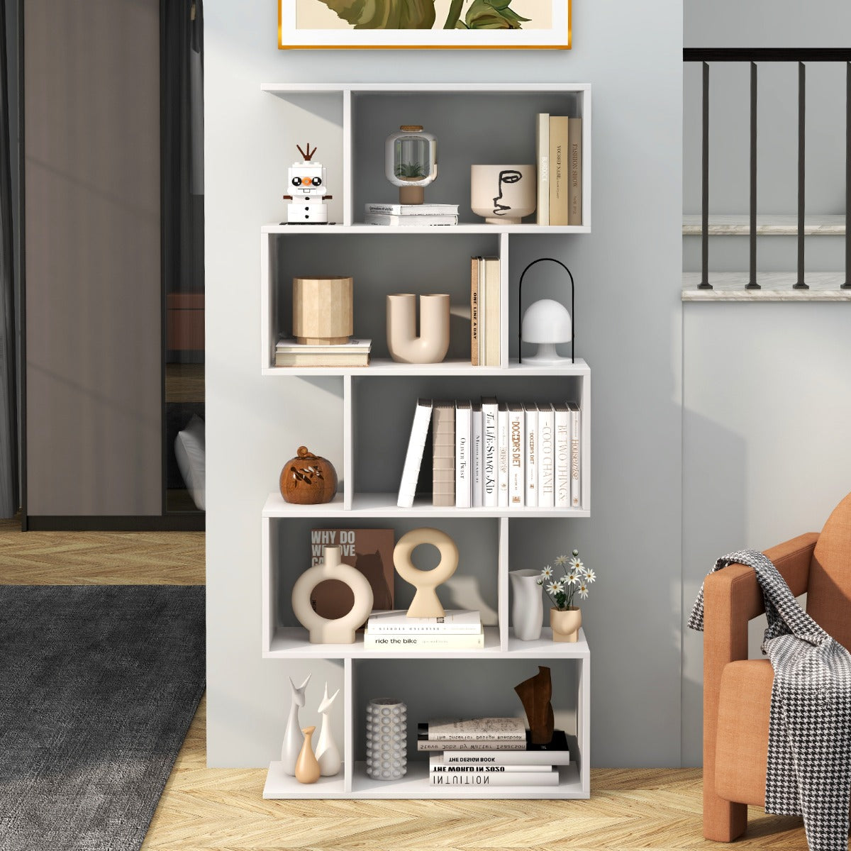 Wide stable base supports the tall shelving unit and helps reduce unwanted movement