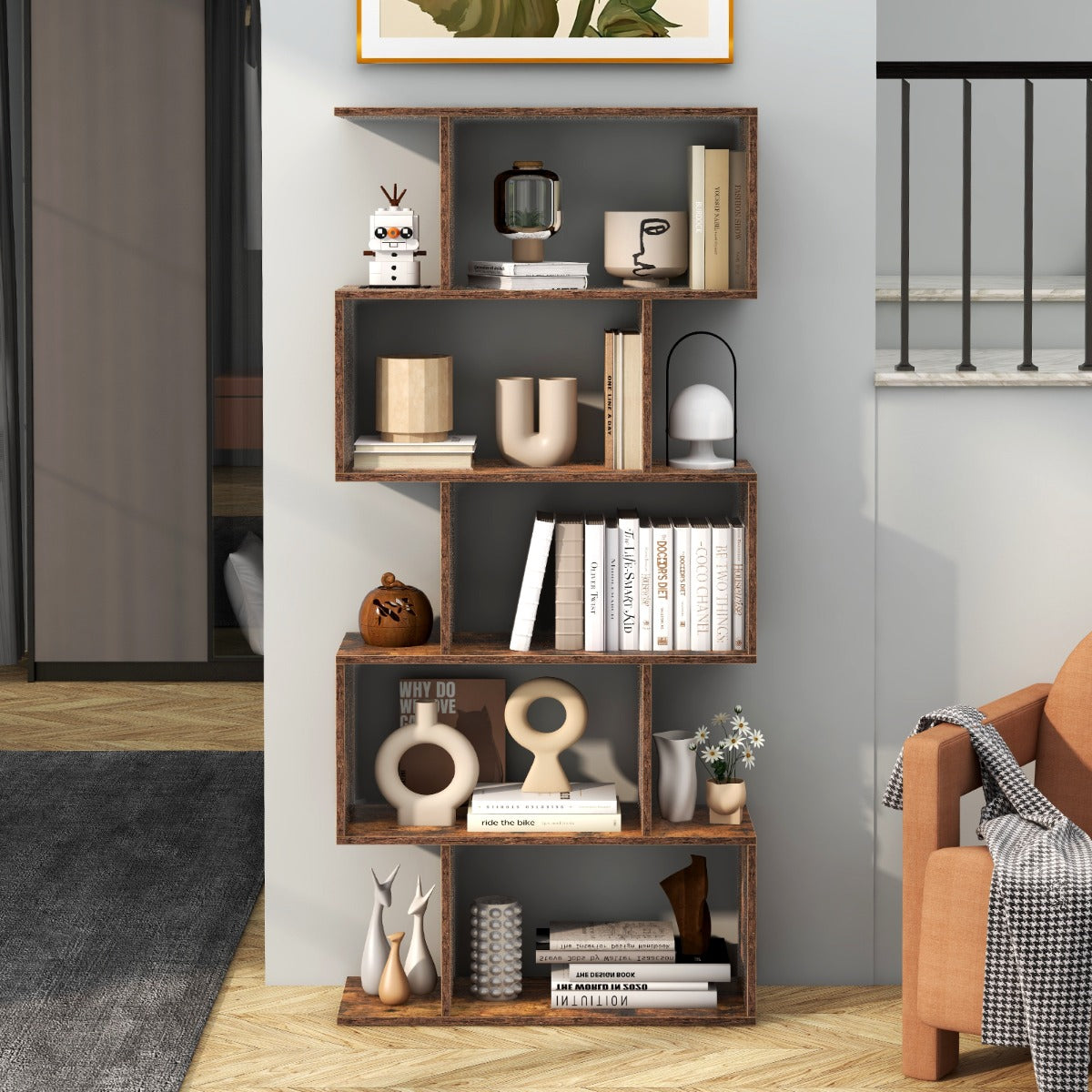 Wide stable base supports the tall shelving unit and helps reduce unwanted movement