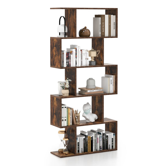 Costway Geometric S-Shaped Bookcase with Anti-Toppling Device for Living Room/ Home/ Office-Coffee