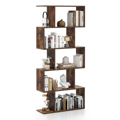 Five-tier S-shaped bookshelf adds modern geometric style while organizing books, plants, photos, and décor