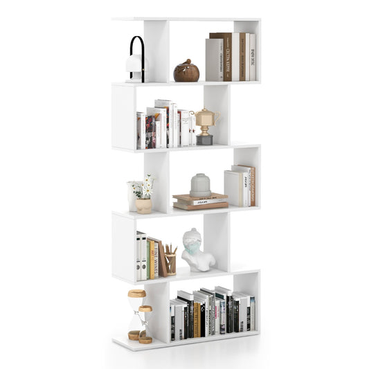 Costway Geometric S-Shaped Bookcase with Anti-Toppling Device for Living Room/ Home/ Office-White