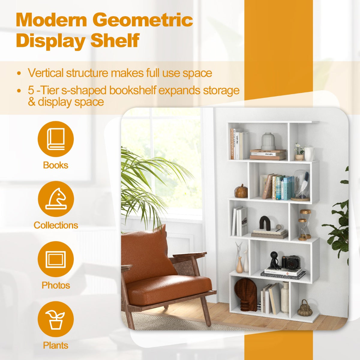 Costway Geometric S-Shaped Bookcase with Anti-Toppling Device for Living Room/ Home/ Office-White