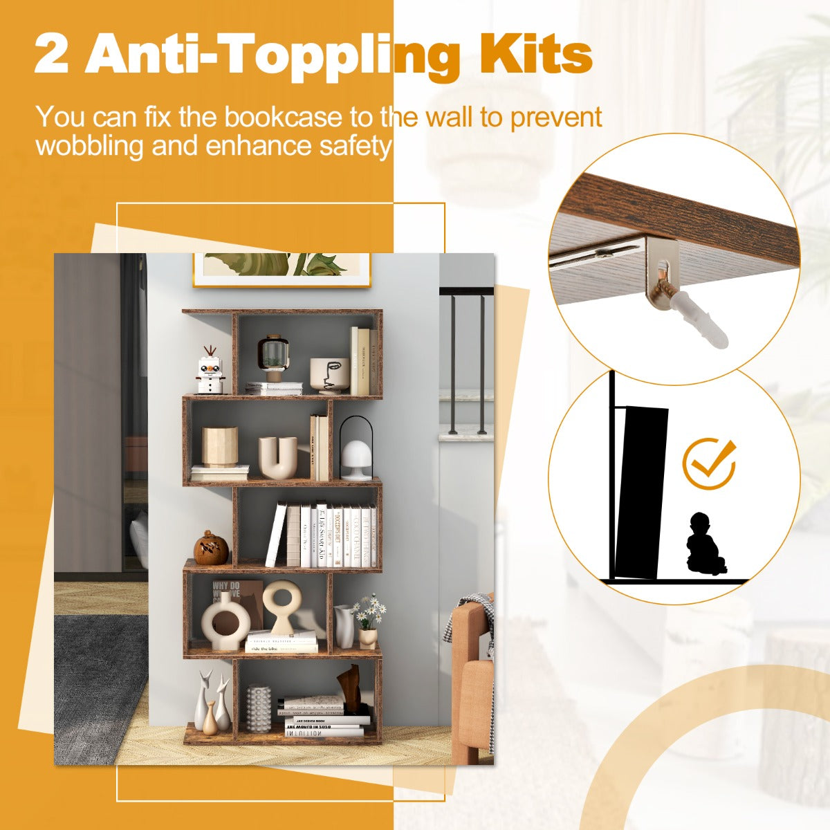 Two anti-toppling kits allow the bookcase to be securely anchored to a wall for added safety