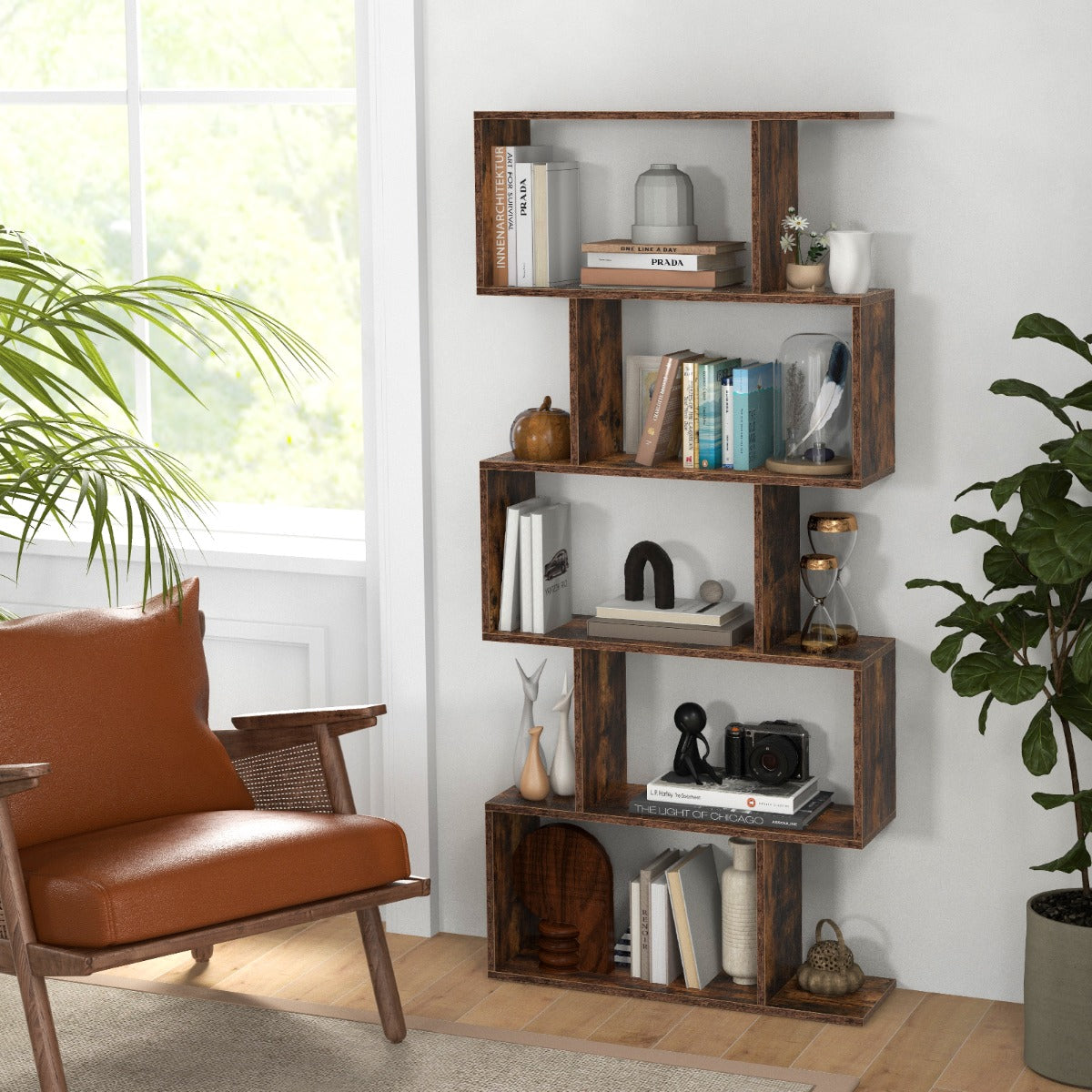 Non-slip pads help protect floors from scratches beneath the freestanding display shelf