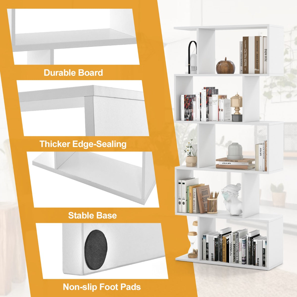 Costway Geometric S-Shaped Bookcase with Anti-Toppling Device for Living Room/ Home/ Office-White