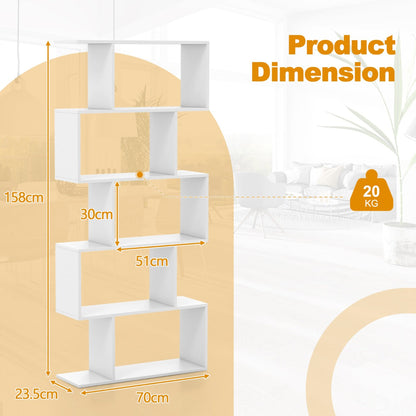 Unique S-shaped design works as a bookcase, display shelf, or room divider in many living spaces
