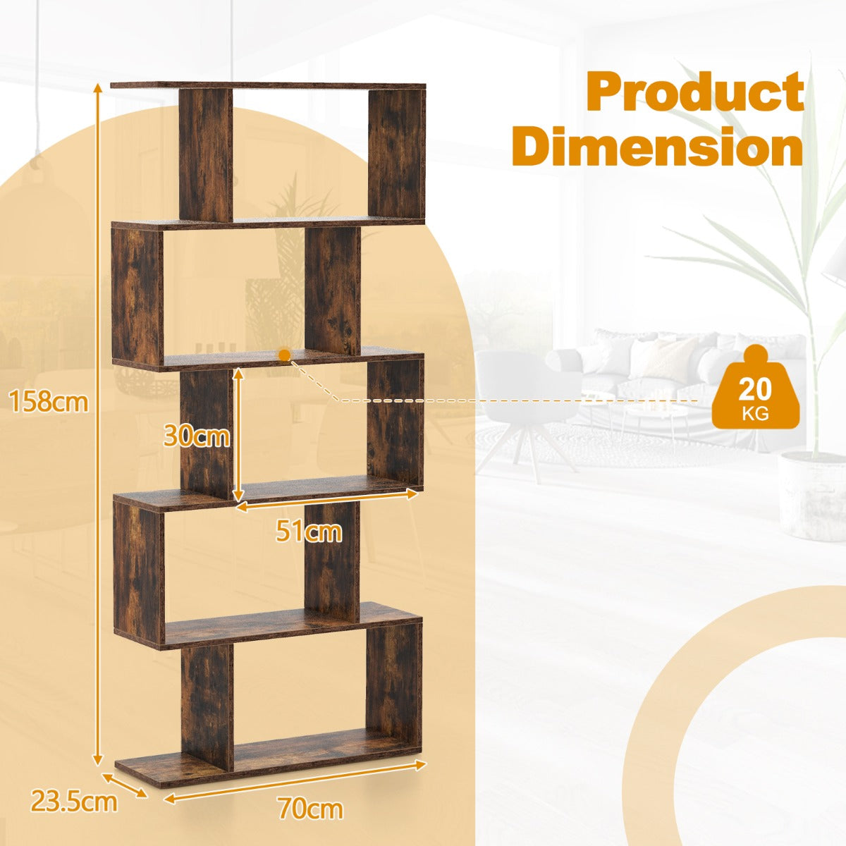 Unique S-shaped design works as a bookcase, display shelf, or room divider in many living spaces