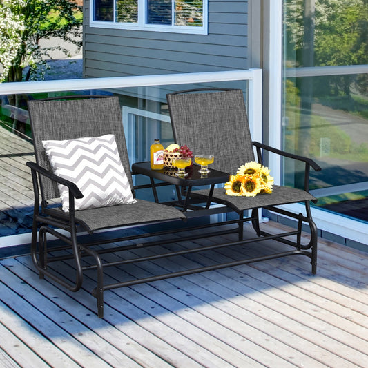 Costway 2 Person Mesh Fabric Glider Chair with Center Table for Outdoor-Grey