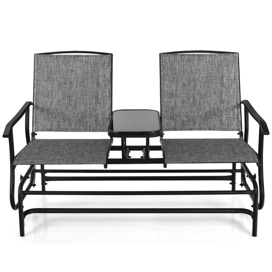 Costway 2 Person Mesh Fabric Glider Chair with Center Table for Outdoor-Grey