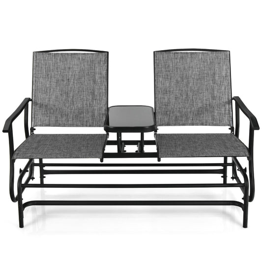 Beige and black double rocking chair with durable weather-resistant mesh fabric for outdoor relaxation