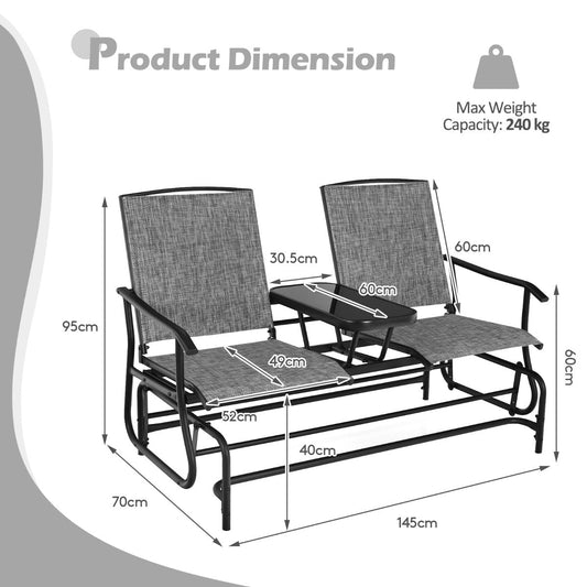 Two-person outdoor rocking chair with steel frame, tempered glass table and smooth quiet gliding motion