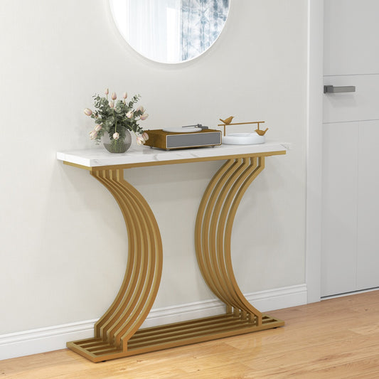 Costway 100cm Modern Console Table with White Faux Marble Tabletop for Living Room, Entrance, Foyer