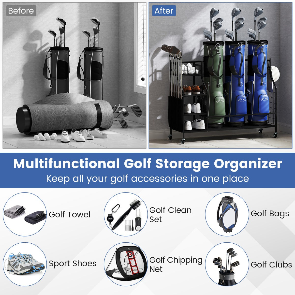 Golf Bag Organizer for Clubs Balls and Golfing Equipment Accessories-Black