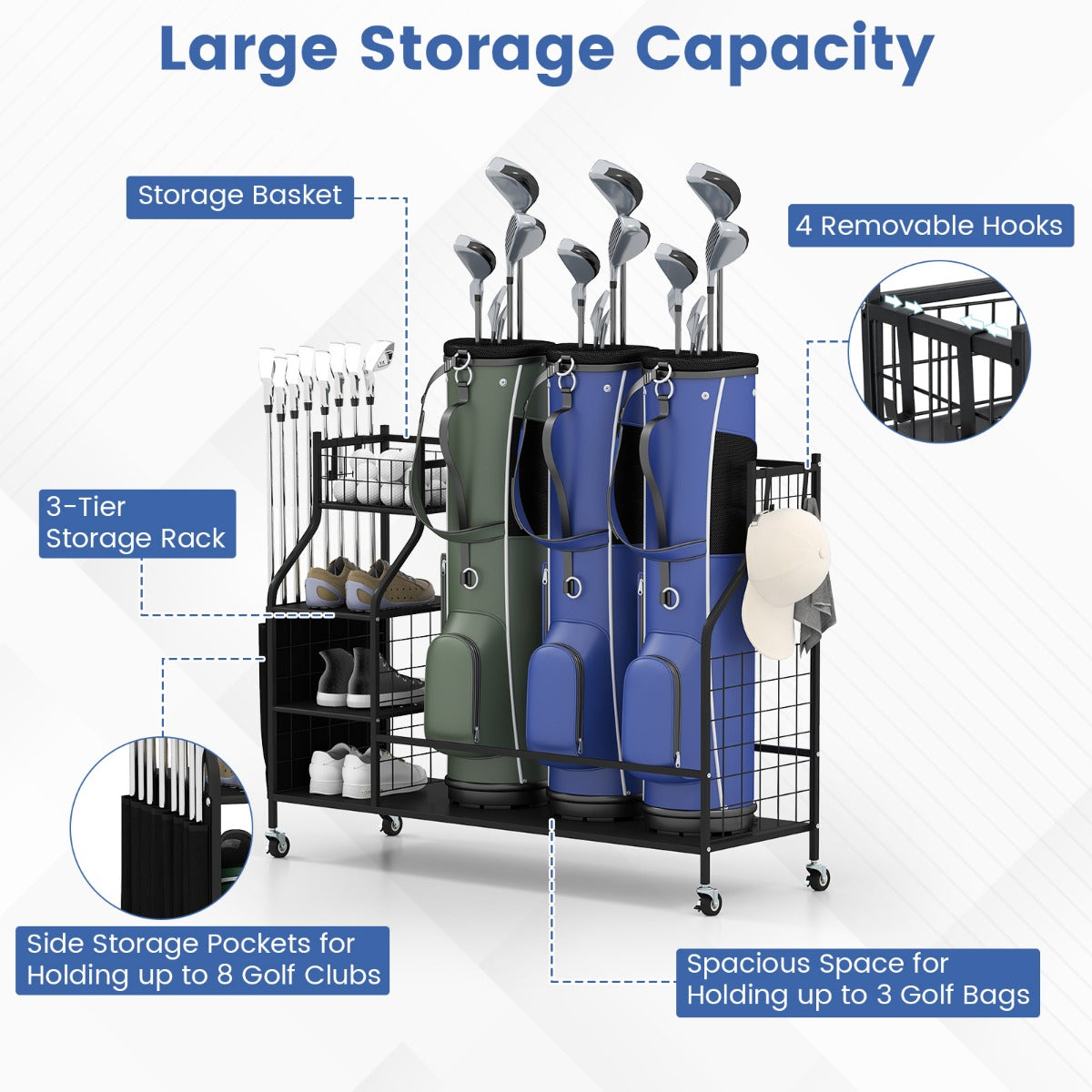 Golf Bag Organizer for Clubs Balls and Golfing Equipment Accessories-Black