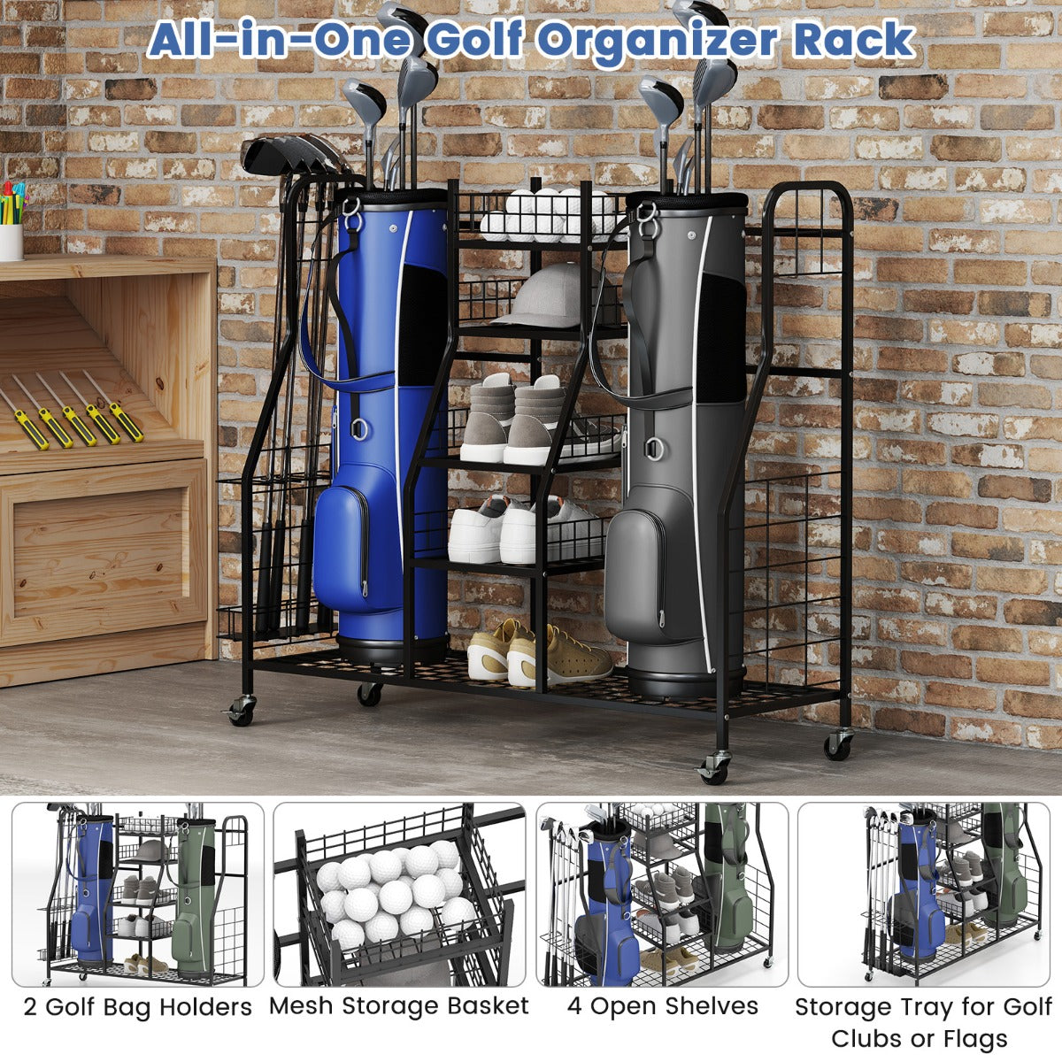 Golf Bag Storage Organizer for 2 Golf Bags and Golf Equipment Accessories-Black
