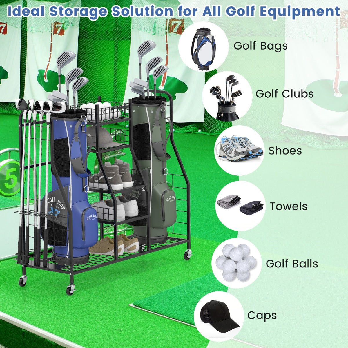 Golf Bag Storage Organizer for 2 Golf Bags and Golf Equipment Accessories-Black