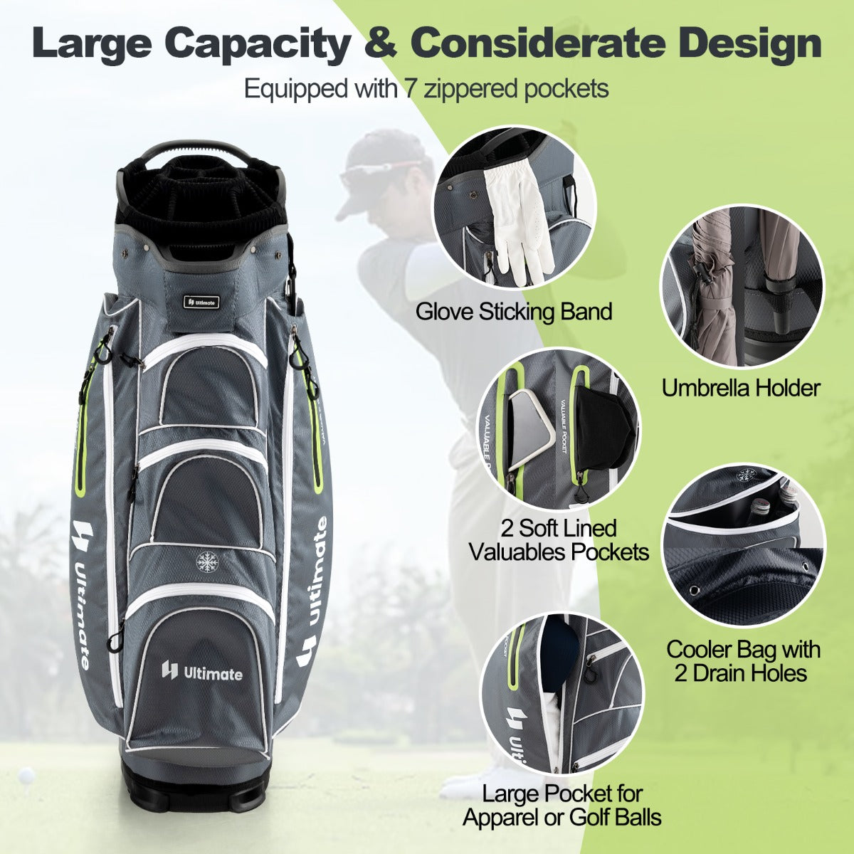 Golf Cart Bag with 15 Way Top Dividers Including Individual Putter Well-Green