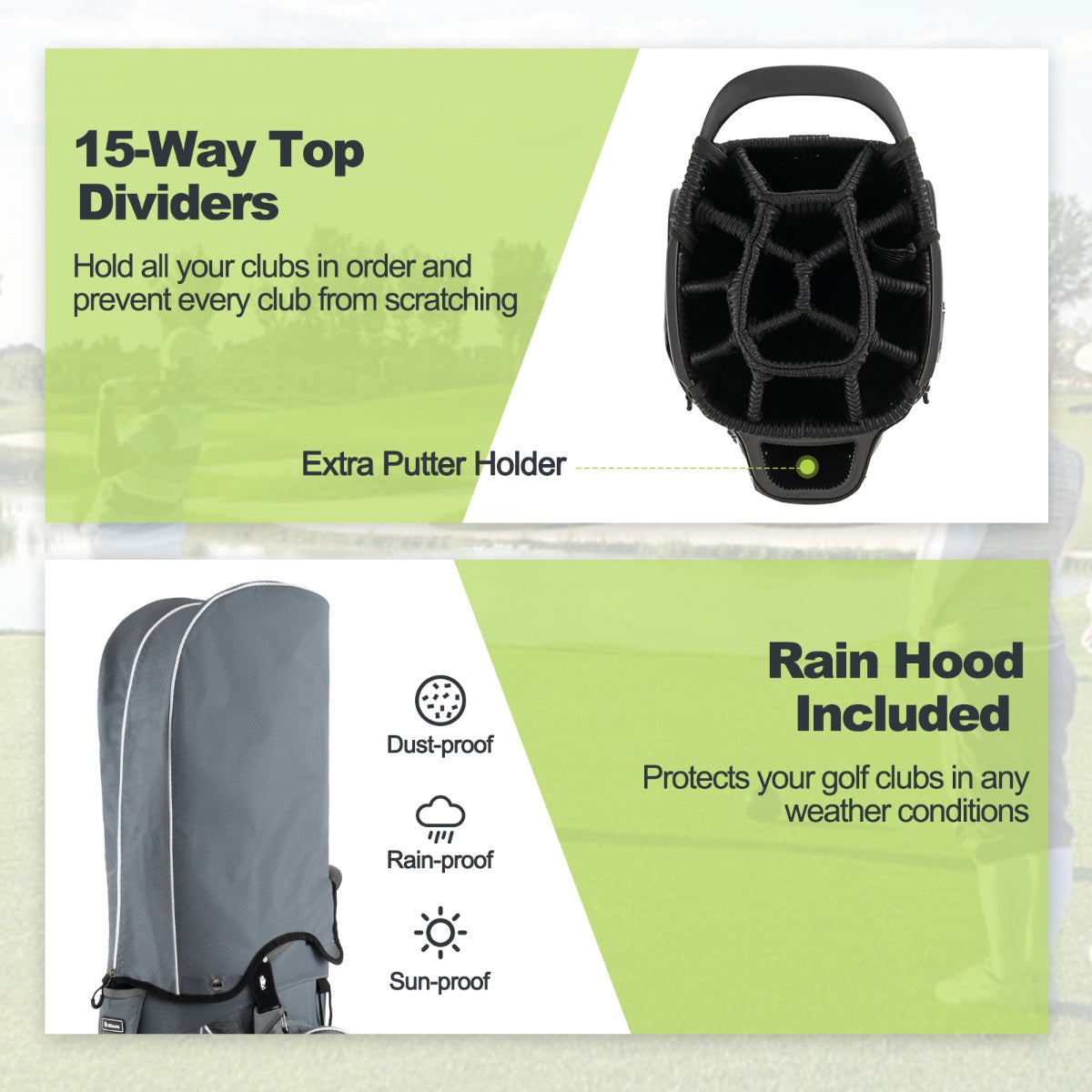Golf Cart Bag with 15 Way Top Dividers Including Individual Putter Well-Green