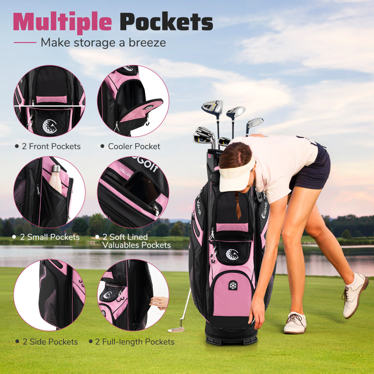 Golf Cart Bag Molded Lock Top Golf Bag with 14-Way Full Length Dividers-Pink