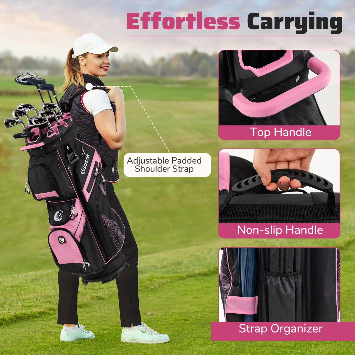 Golf Cart Bag Molded Lock Top Golf Bag with 14-Way Full Length Dividers-Pink