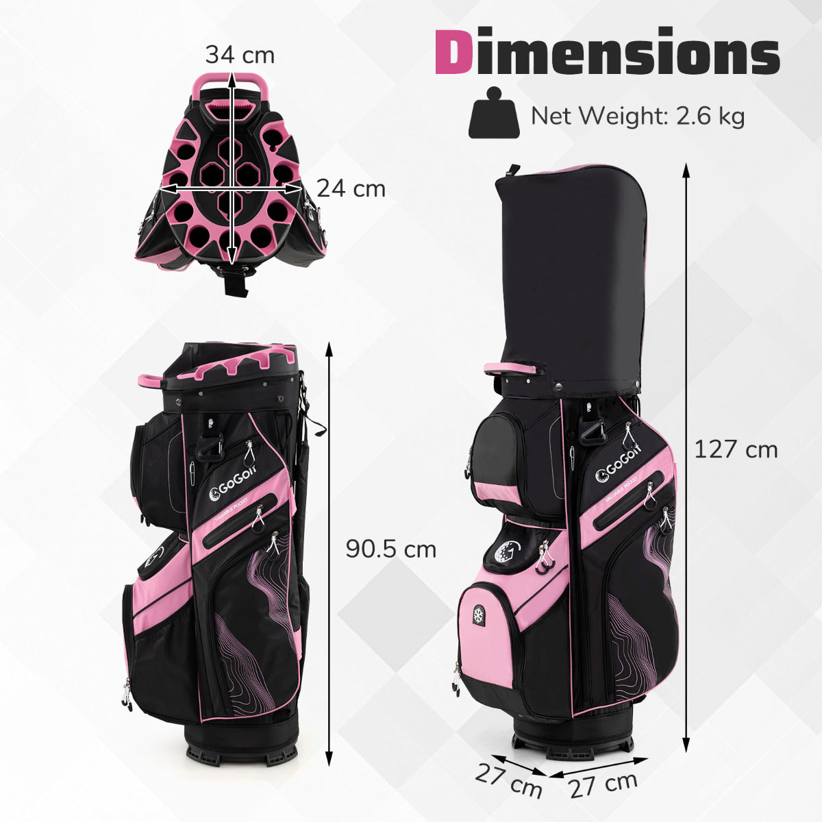 Golf Cart Bag Molded Lock Top Golf Bag with 14-Way Full Length Dividers-Pink
