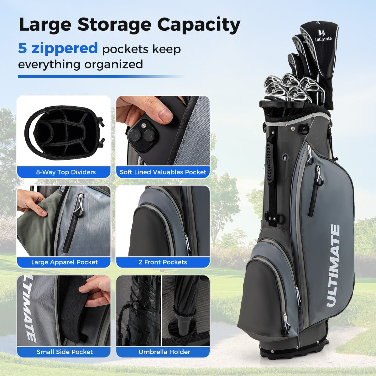 Complete Golf Club Package Set with oversize aluminum driver for Outdoor Use-Grey