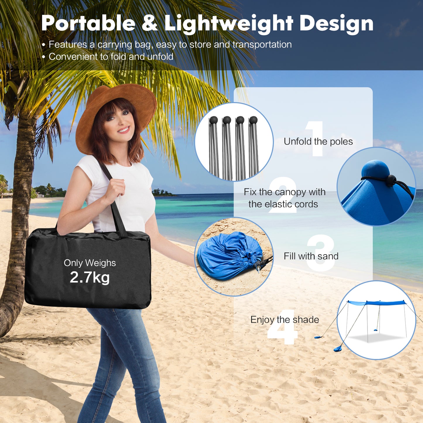2-Size Beach Sunshade Canopy with Sandbags &amp; Carry Bag for Beach, Trip-Blue-210 x 210 x 180 cm