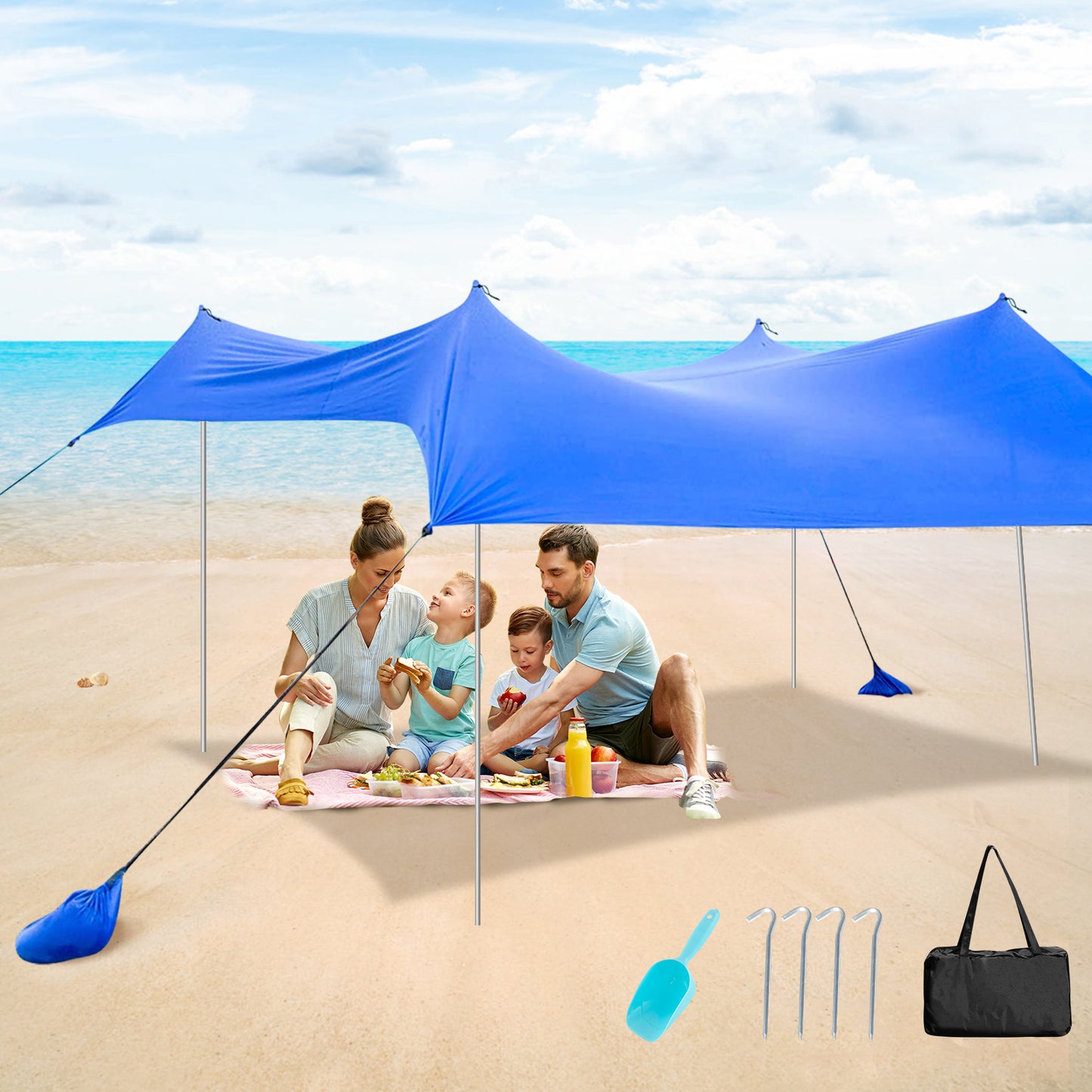 2-Size Beach Sunshade Canopy with Sandbags &amp; Carry Bag for Beach, Trip-Blue-210 x 210 x 180 cm