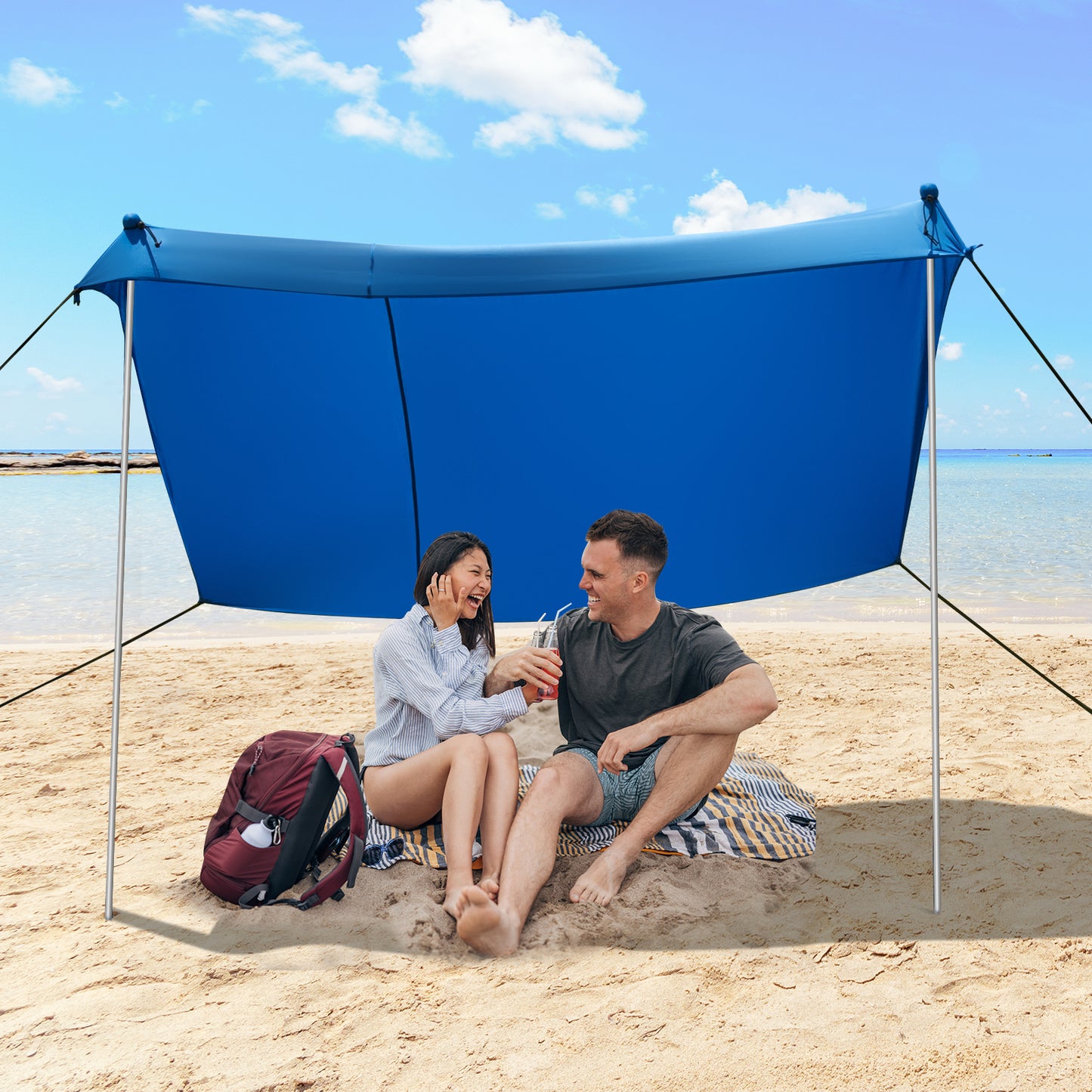 2-Size Beach Sunshade Canopy with Sandbags &amp; Carry Bag for Beach, Trip-Blue-210 x 210 x 180 cm