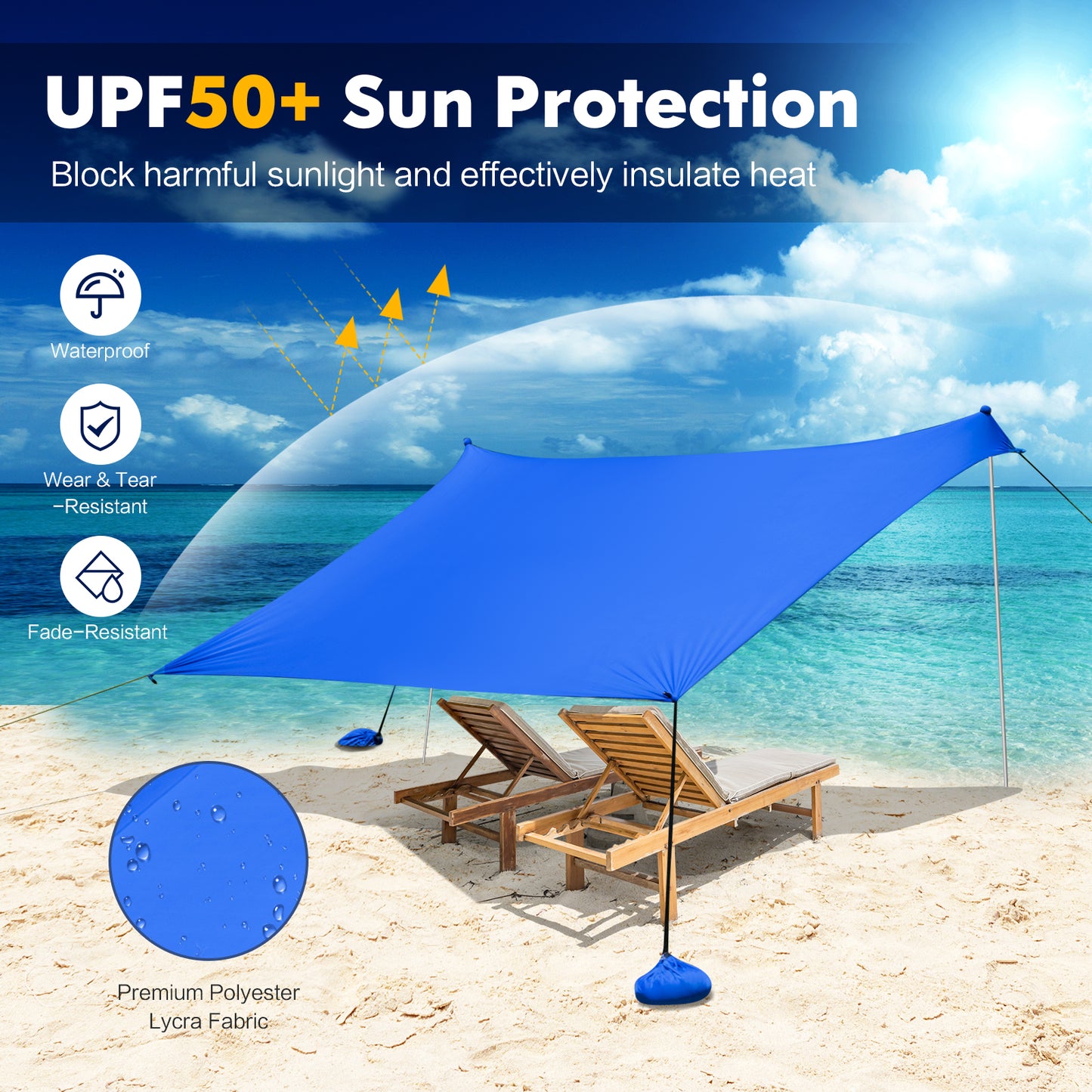 2-Size Beach Sunshade Canopy with Sandbags &amp; Carry Bag for Beach, Trip-Blue-210 x 210 x 180 cm